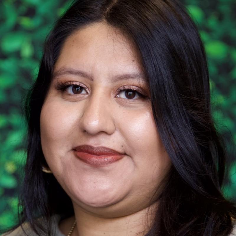 A photo of Diana Crisostomo Cervantes wearing a gray shirt with a green background.